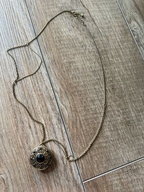 Gold Filigree Locket Necklace with Black Stone Pendant